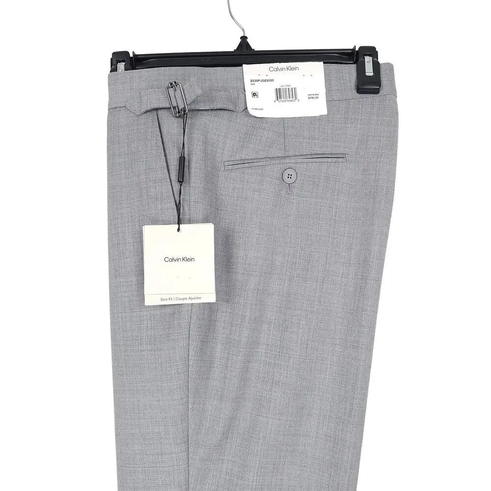 Calvin Klein Mens Slim Fit Wool Dress Pants 34x30 Light Grey Solid Pleated NWT